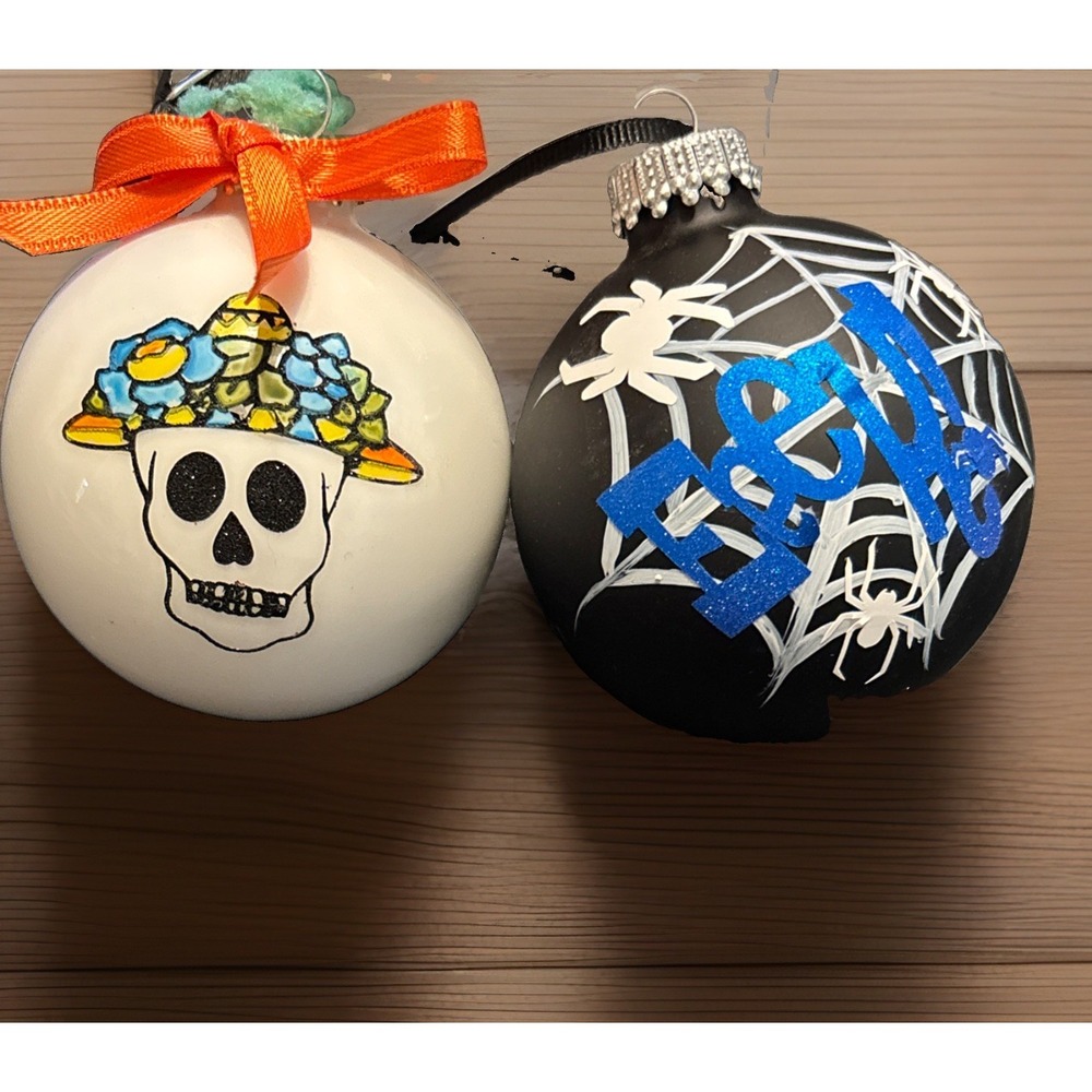Day of the Dead and Halloween Ornament Set Sugar Skull Bauble Spider Web Spooky